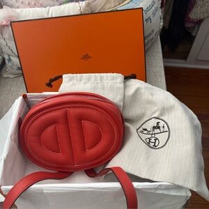 Hermes Red Leather Oval Double-D Crossbody Bag